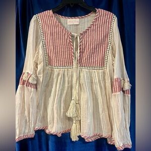 Miss June Paris Bohemian Striped Tassel Blouse in Cream and Pink